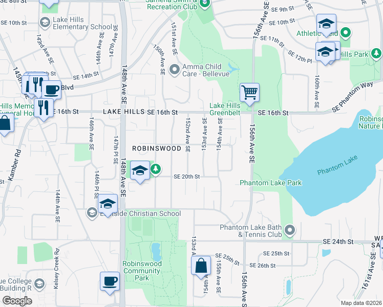 map of restaurants, bars, coffee shops, grocery stores, and more near 1814 152nd Avenue Southeast in Bellevue