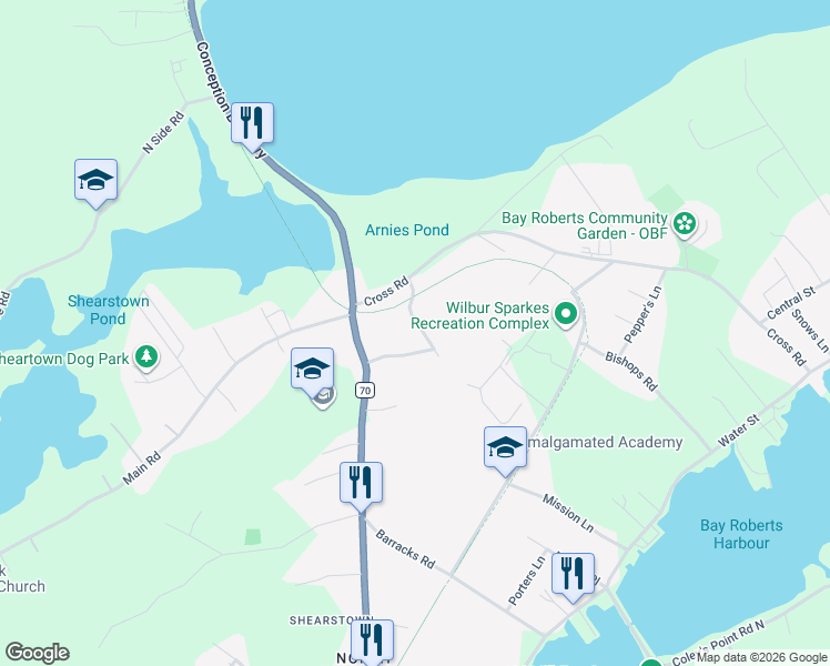 map of restaurants, bars, coffee shops, grocery stores, and more near 20 Heneys Pond Road in Bay Roberts
