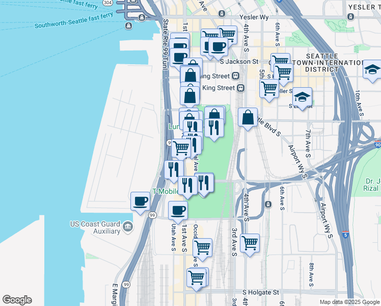 map of restaurants, bars, coffee shops, grocery stores, and more near 1022 1st Avenue South in Seattle