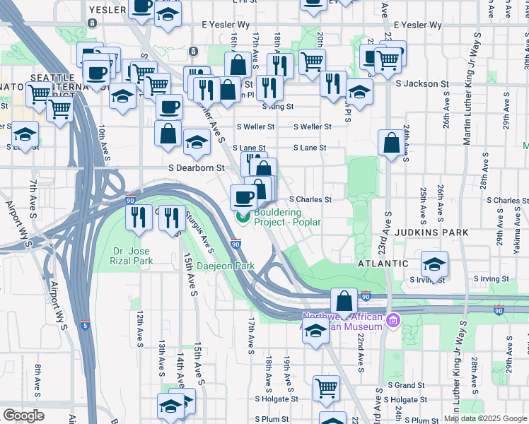 map of restaurants, bars, coffee shops, grocery stores, and more near 900 Rainier Avenue South in Seattle