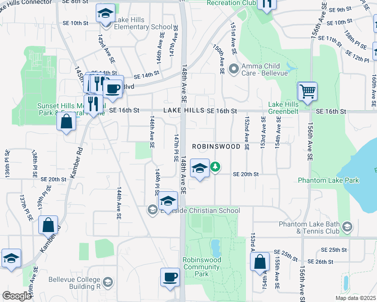 map of restaurants, bars, coffee shops, grocery stores, and more near 14829 Southeast 18th Place in Bellevue