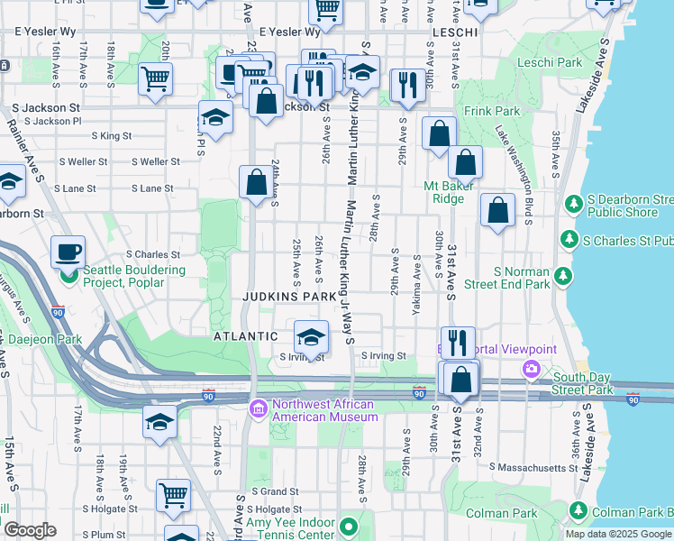 map of restaurants, bars, coffee shops, grocery stores, and more near 939 Martin Luther King Junior Way South in Seattle