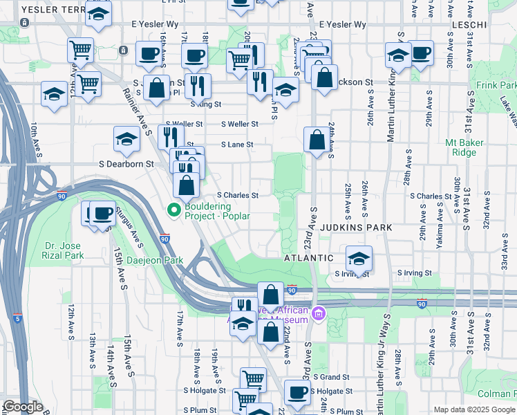 map of restaurants, bars, coffee shops, grocery stores, and more near 2015 South Ingersoll Place in Seattle