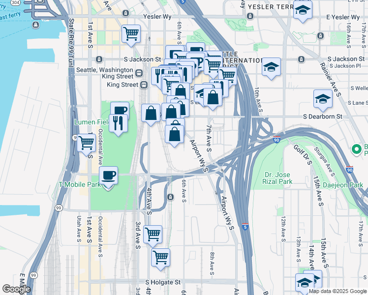 map of restaurants, bars, coffee shops, grocery stores, and more near 1033 6th Ave S in Seattle