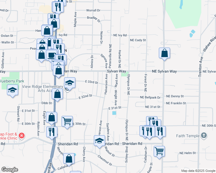 map of restaurants, bars, coffee shops, grocery stores, and more near 3244 Halverson Avenue in Bremerton