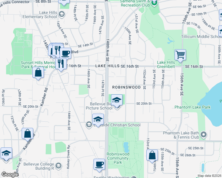 map of restaurants, bars, coffee shops, grocery stores, and more near 14829 Southeast 18th Place in Bellevue