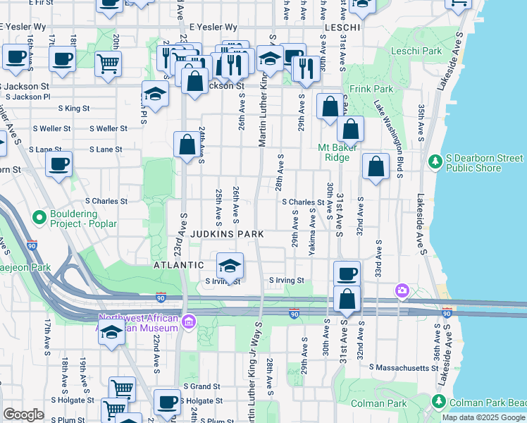 map of restaurants, bars, coffee shops, grocery stores, and more near 939 Martin Luther King Junior Way South in Seattle