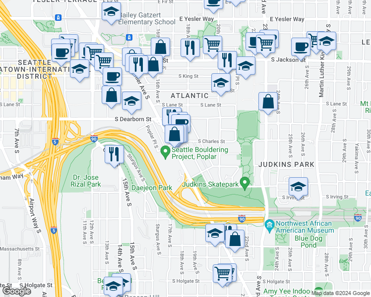 map of restaurants, bars, coffee shops, grocery stores, and more near 925 Hiawatha Place South in Seattle