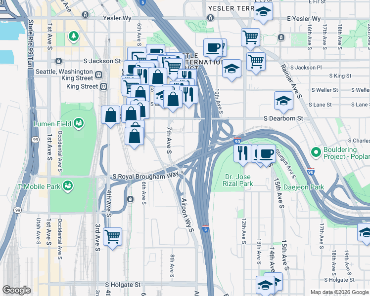 map of restaurants, bars, coffee shops, grocery stores, and more near 1010 8th Avenue South in Seattle