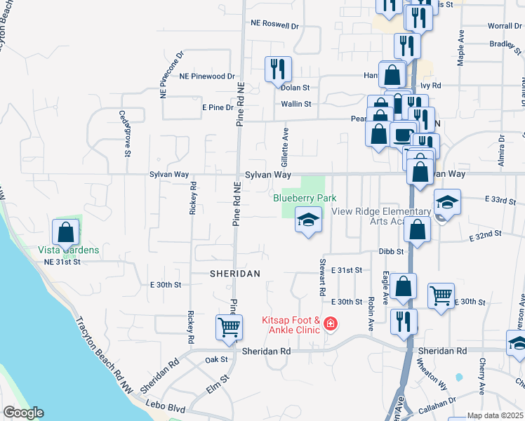 map of restaurants, bars, coffee shops, grocery stores, and more near 3232 Pine Road Northeast in Bremerton