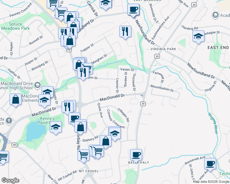 map of restaurants, bars, coffee shops, grocery stores, and more near 5 Laurier Street in St. John's