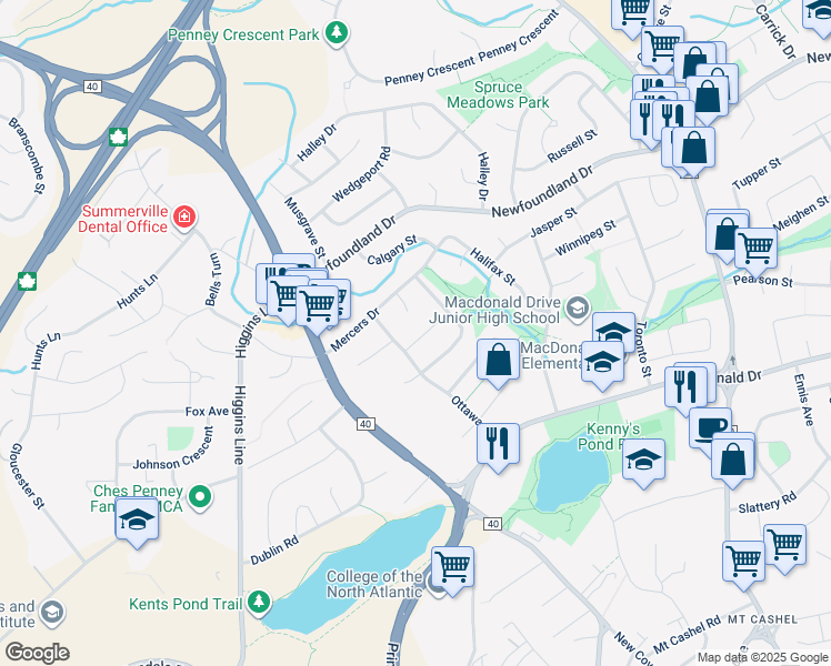 map of restaurants, bars, coffee shops, grocery stores, and more near 10 Yellowknife Street in St. John's