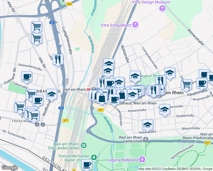 map of restaurants, bars, coffee shops, grocery stores, and more near 6 Müllheimer Straße in Weil am Rhein
