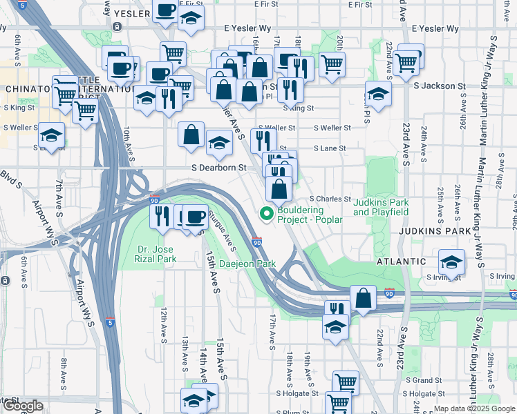 map of restaurants, bars, coffee shops, grocery stores, and more near 1049 Poplar Pl S in Seattle