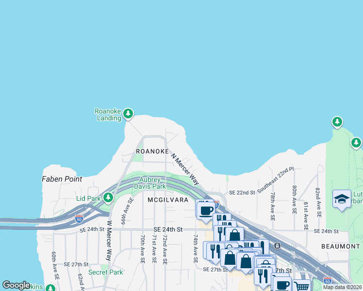 map of restaurants, bars, coffee shops, grocery stores, and more near 7220 North Mercer Way in Mercer Island