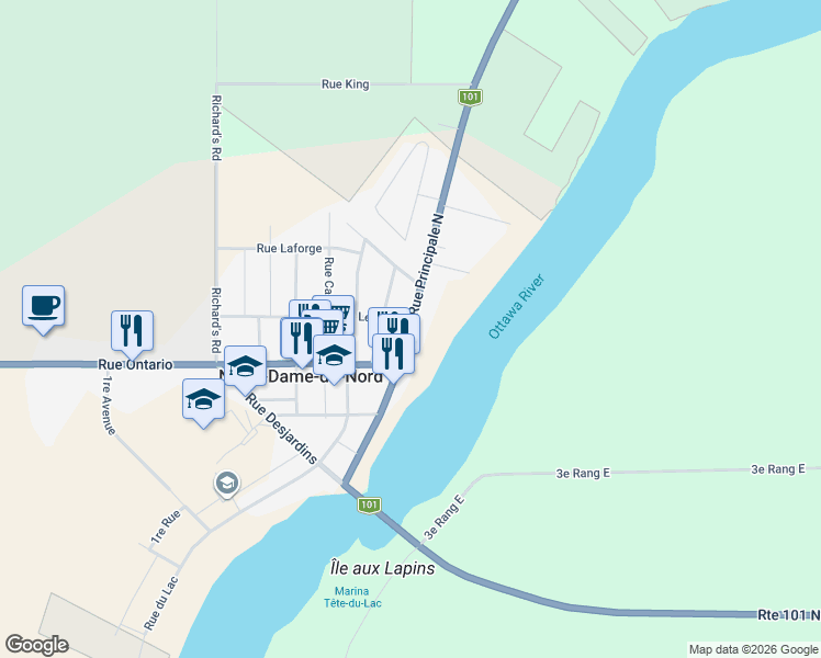 map of restaurants, bars, coffee shops, grocery stores, and more near 5 Rue Leblanc in Notre-Dame-du-Nord