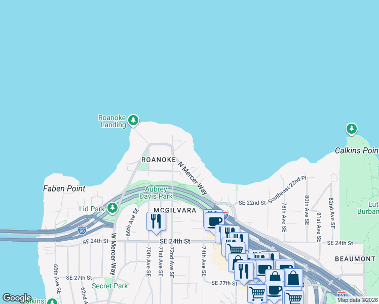 map of restaurants, bars, coffee shops, grocery stores, and more near 7220 North Mercer Way in Mercer Island