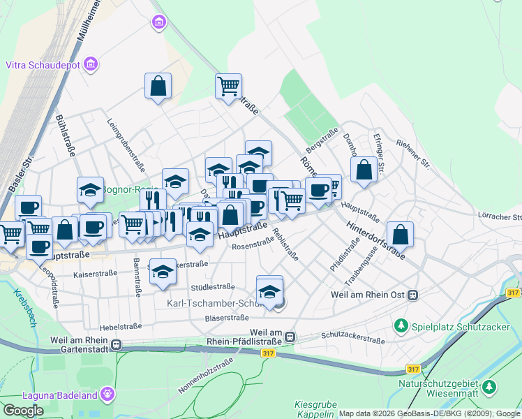 map of restaurants, bars, coffee shops, grocery stores, and more near 7 Königsberger Straße in Weil am Rhein