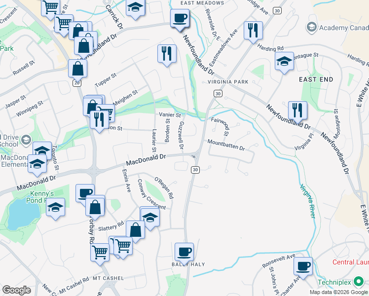 map of restaurants, bars, coffee shops, grocery stores, and more near 93 Guzzwell Drive in St. John's