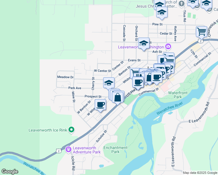 map of restaurants, bars, coffee shops, grocery stores, and more near 129 Ski Hill Drive in Leavenworth
