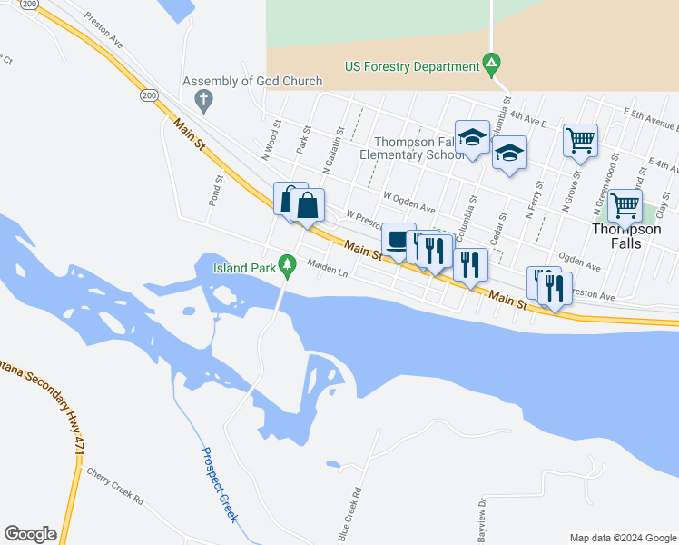 map of restaurants, bars, coffee shops, grocery stores, and more near 911 Maiden Ln in Thompson Falls