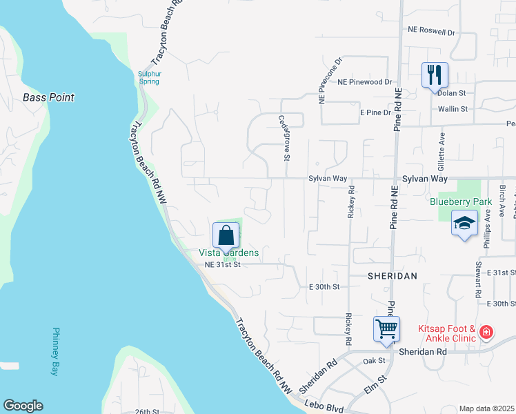 map of restaurants, bars, coffee shops, grocery stores, and more near 3340 Narrows View Lane Northeast in Bremerton