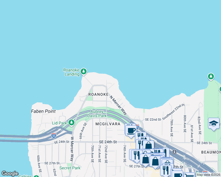 map of restaurants, bars, coffee shops, grocery stores, and more near 1626 72nd Avenue Southeast in Mercer Island