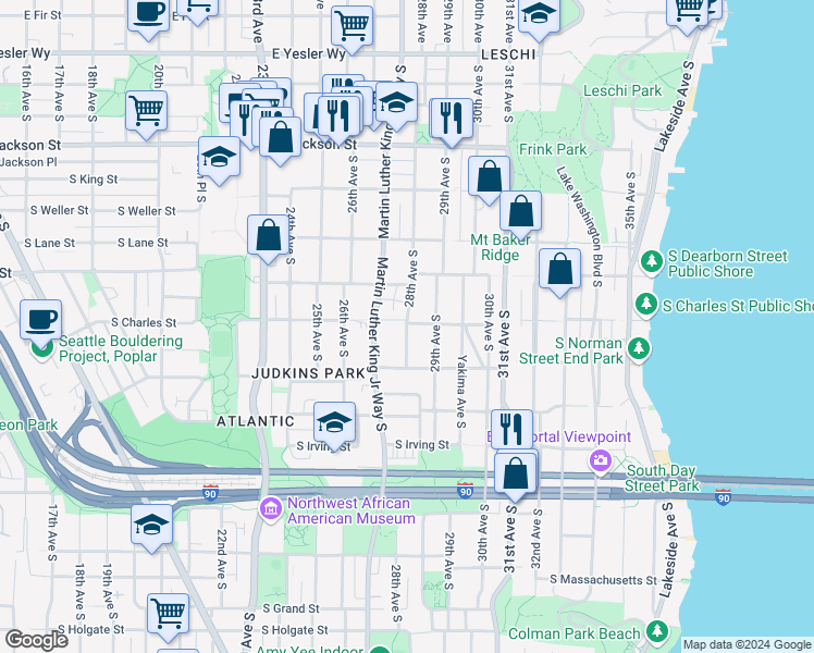 map of restaurants, bars, coffee shops, grocery stores, and more near 824a 28th Avenue South in Seattle