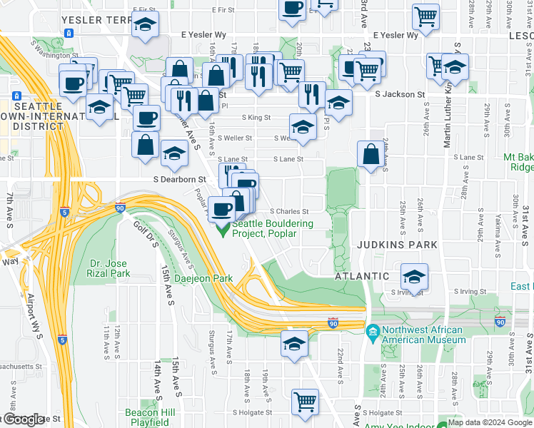 map of restaurants, bars, coffee shops, grocery stores, and more near 833 Davis Place South in Seattle