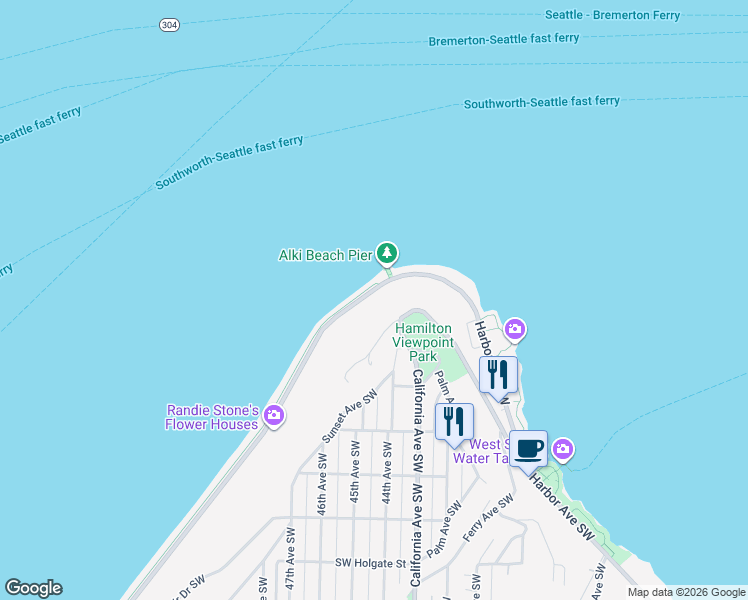 map of restaurants, bars, coffee shops, grocery stores, and more near 1200 Alki Avenue Southwest in Seattle