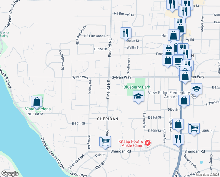 map of restaurants, bars, coffee shops, grocery stores, and more near 604 Cottage Lane in Bremerton