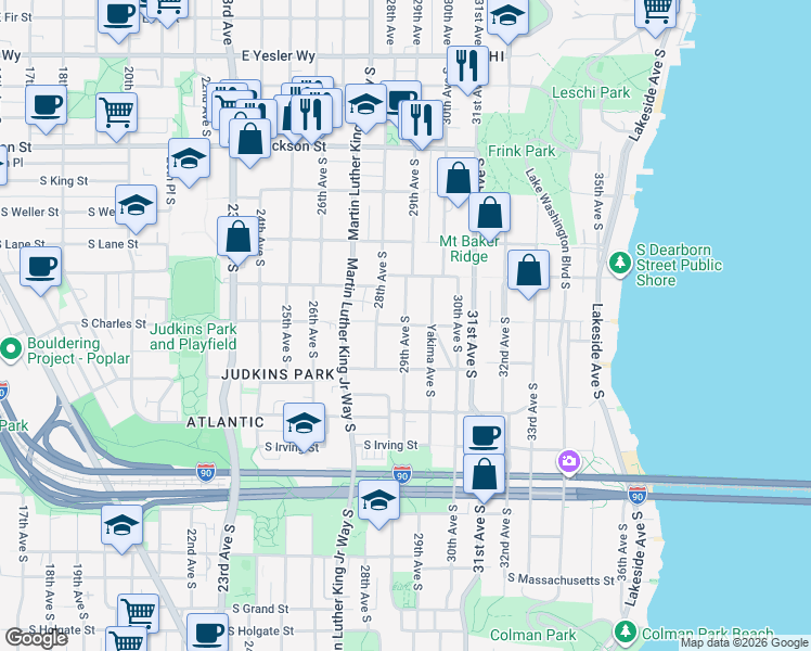map of restaurants, bars, coffee shops, grocery stores, and more near 29th Ave S & S Charles St in Seattle