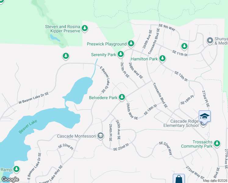 map of restaurants, bars, coffee shops, grocery stores, and more near 26592 Southeast 15th Street in Sammamish