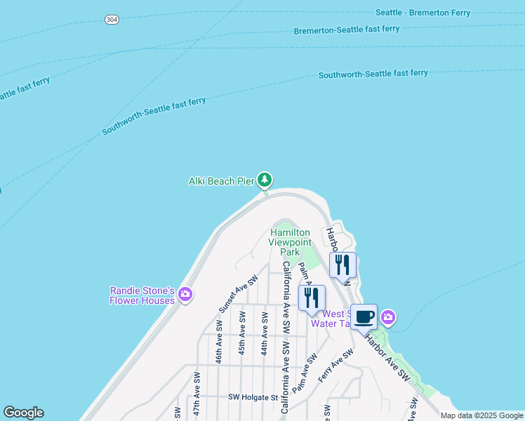 map of restaurants, bars, coffee shops, grocery stores, and more near 37 Alki Trail in Seattle
