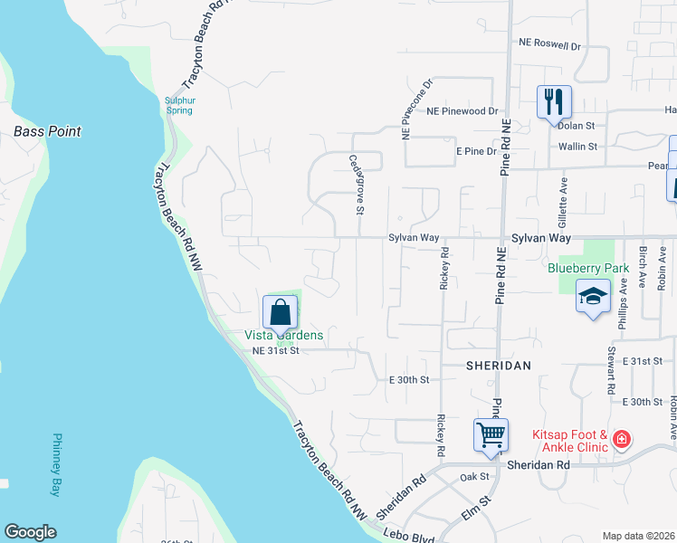 map of restaurants, bars, coffee shops, grocery stores, and more near 3353 Apaloosa Way Northeast in Bremerton