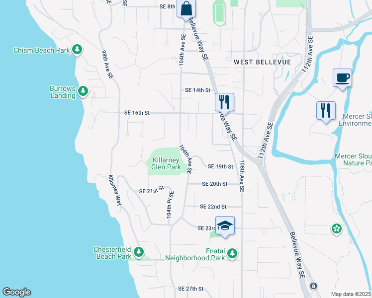 map of restaurants, bars, coffee shops, grocery stores, and more near 1808 104th Avenue Southeast in Bellevue