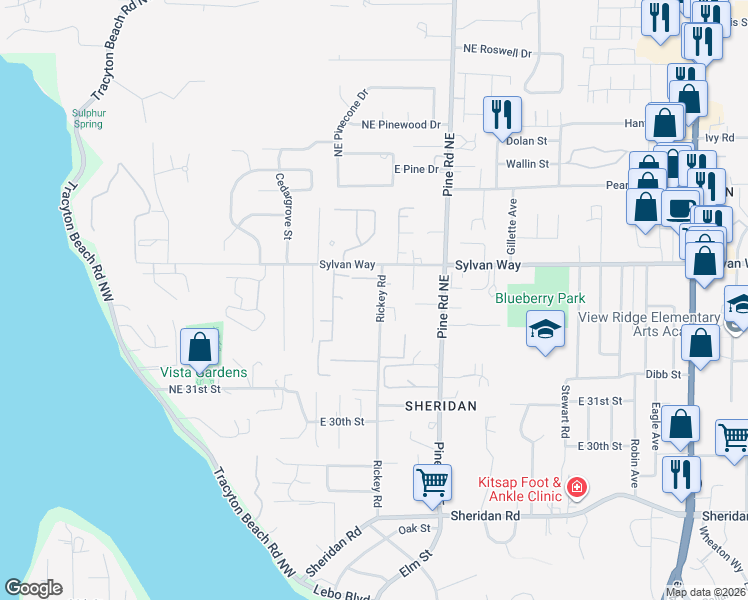 map of restaurants, bars, coffee shops, grocery stores, and more near 3301 Rickey Road in Bremerton
