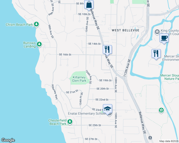 map of restaurants, bars, coffee shops, grocery stores, and more near 1808 104th Avenue Southeast in Bellevue