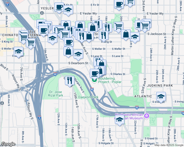 map of restaurants, bars, coffee shops, grocery stores, and more near 815 Rainier Avenue South in Seattle