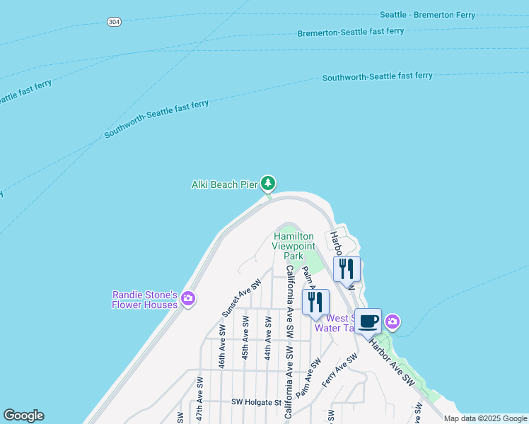 map of restaurants, bars, coffee shops, grocery stores, and more near 37 Alki Trail in Seattle