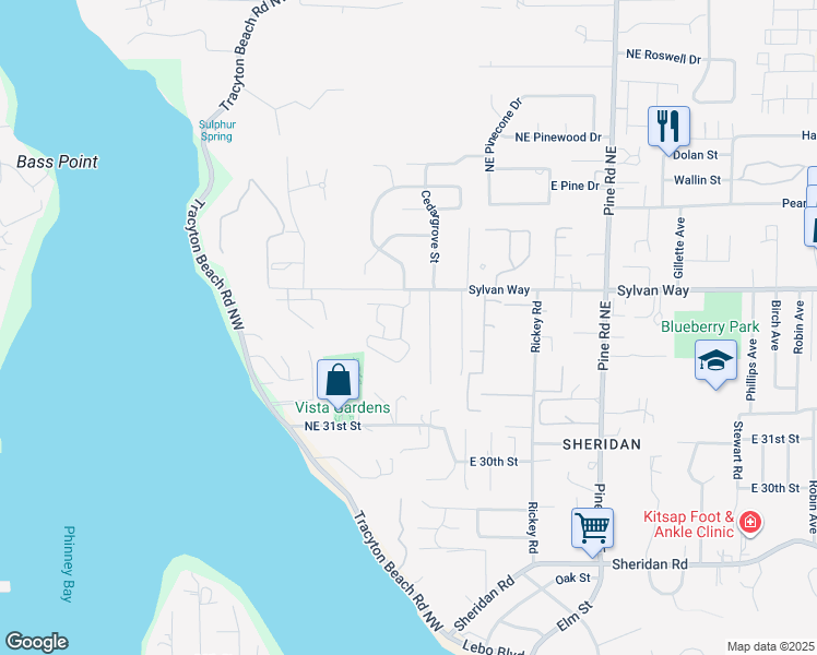 map of restaurants, bars, coffee shops, grocery stores, and more near 3353 Apaloosa Way Northeast in Bremerton