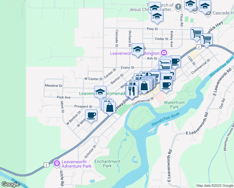 map of restaurants, bars, coffee shops, grocery stores, and more near 213 Whitman Street in Leavenworth