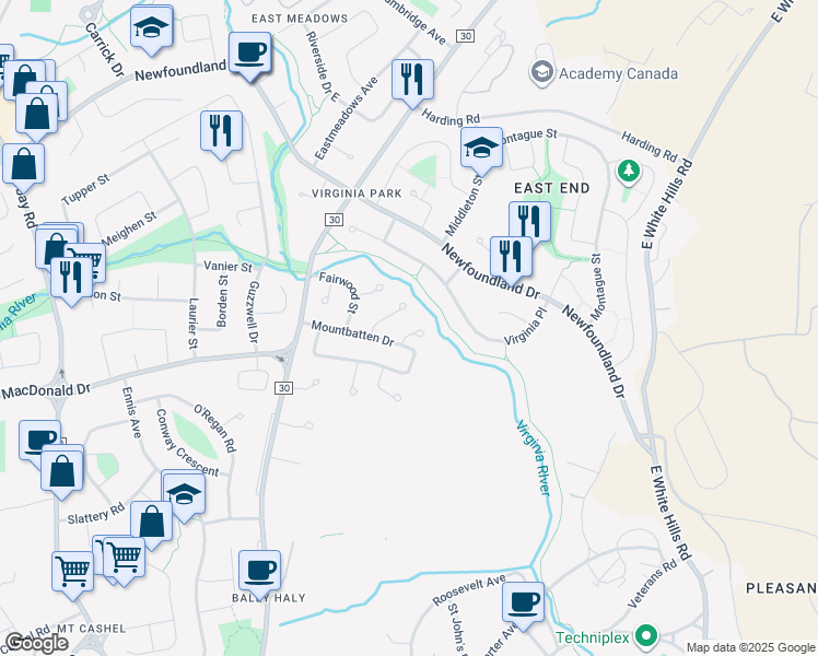 map of restaurants, bars, coffee shops, grocery stores, and more near 5 Mabledon Place in St. John's