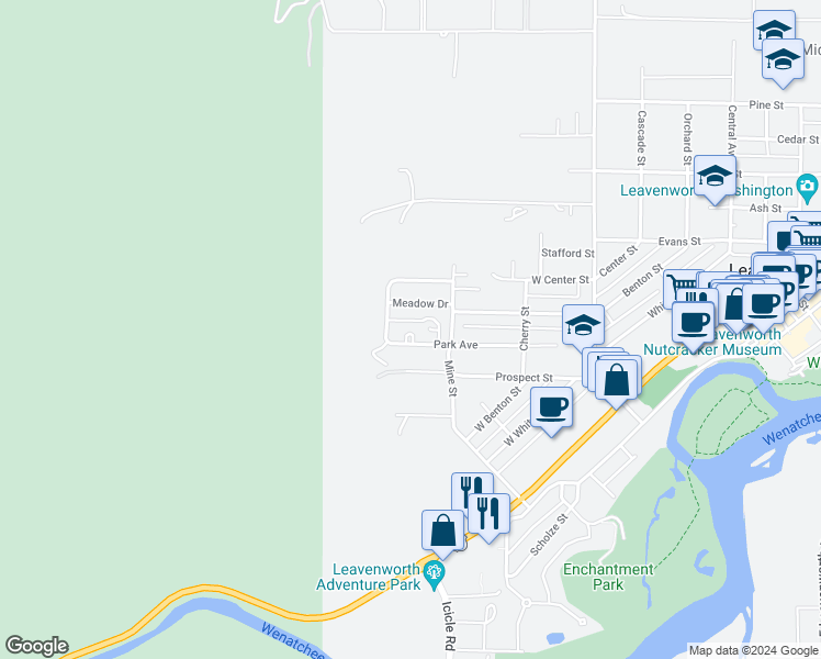 map of restaurants, bars, coffee shops, grocery stores, and more near 320 Park Avenue in Leavenworth