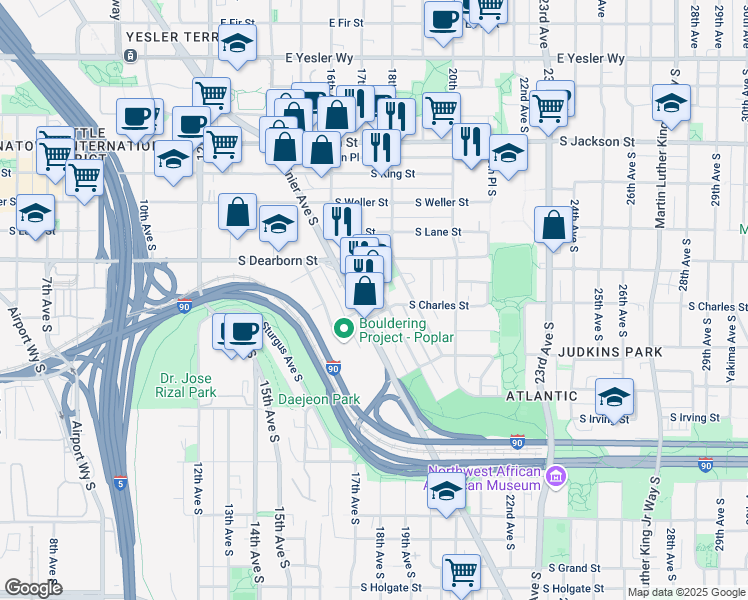 map of restaurants, bars, coffee shops, grocery stores, and more near 843 Hiawatha Place South in Seattle