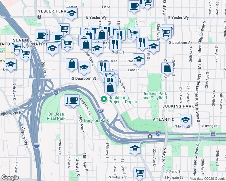 map of restaurants, bars, coffee shops, grocery stores, and more near 843 Hiawatha Place South in Seattle