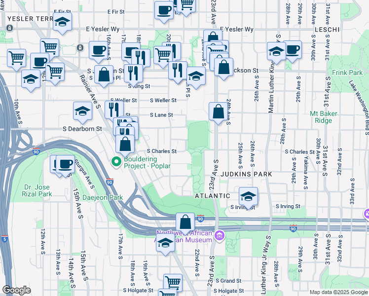 map of restaurants, bars, coffee shops, grocery stores, and more near 2015 South Nye Place in Seattle