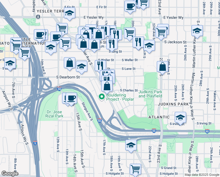 map of restaurants, bars, coffee shops, grocery stores, and more near 835 Hiawatha Place South in Seattle