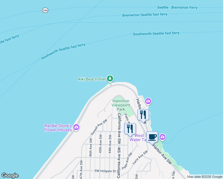 map of restaurants, bars, coffee shops, grocery stores, and more near 1156 Alki Avenue Southwest in Seattle