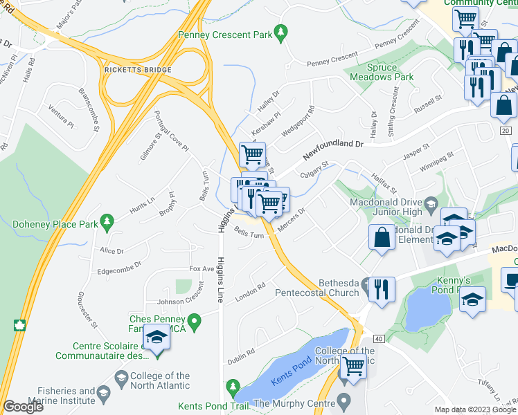 map of restaurants, bars, coffee shops, grocery stores, and more near 242 Portugal Cove Road in St. John's